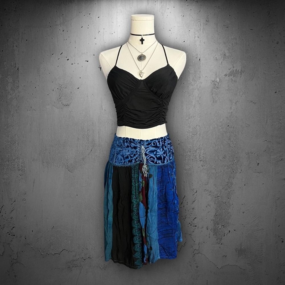 Vintage Bonartt Boho Fairy Blue Multi Floral Velvet Lace Trim Flowy Skirt M/L - Picture 3 of 8